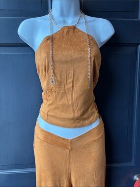 Fashion Nova Caramel Suede Halter Wide Leg Jumpsuit